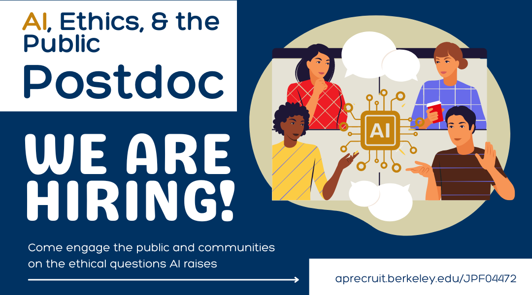 A decorative image showing that we're hiring a postdoc in AI, Ethics, and the Public.