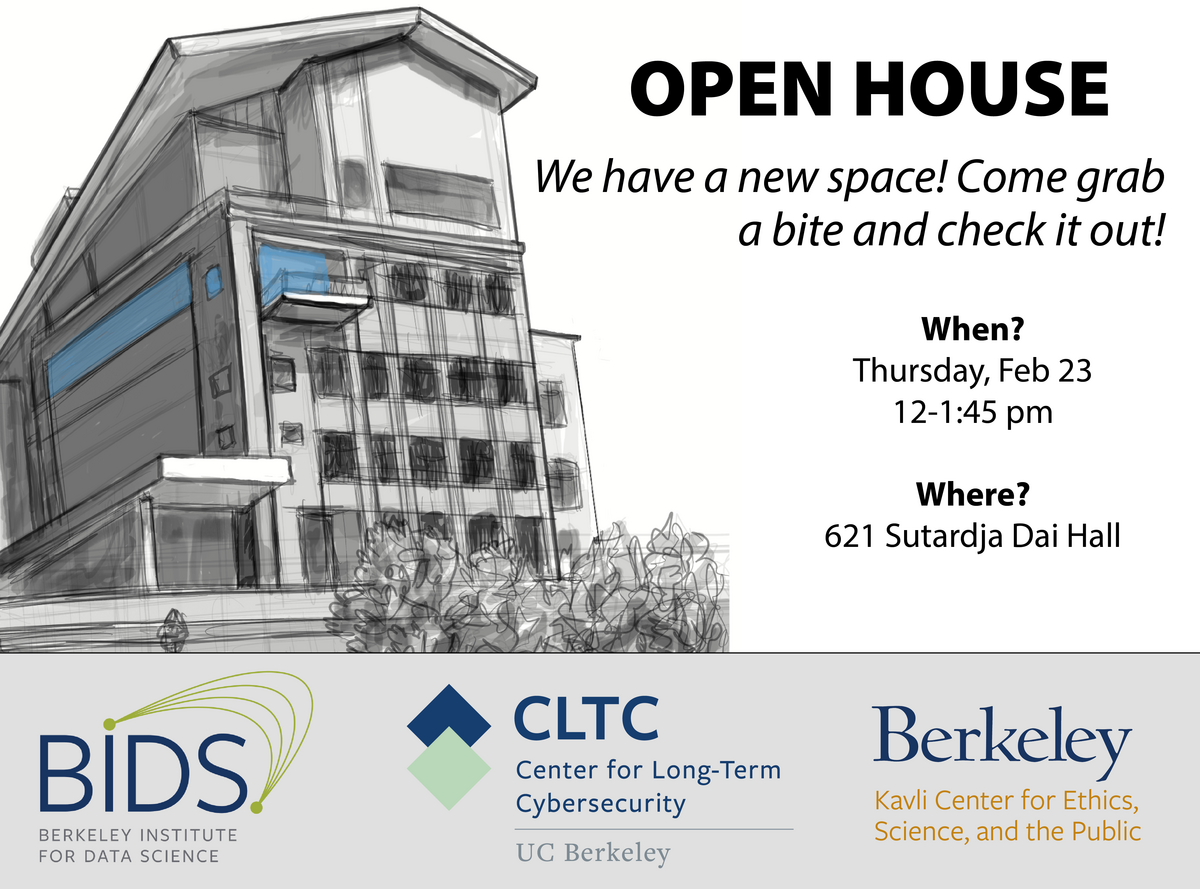 Drawing of Sutardja Dai Hall with information about the BIDS, CLTC, KCESP Open House